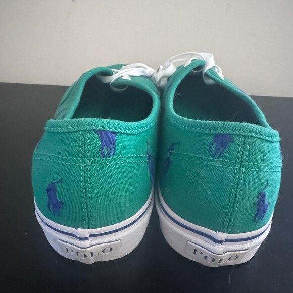 NWOT Polo Ralph Lauren Green Canvas Sneakers w/ Blue Polo Logo All Over, Mens 12 - Picture 4 of 7